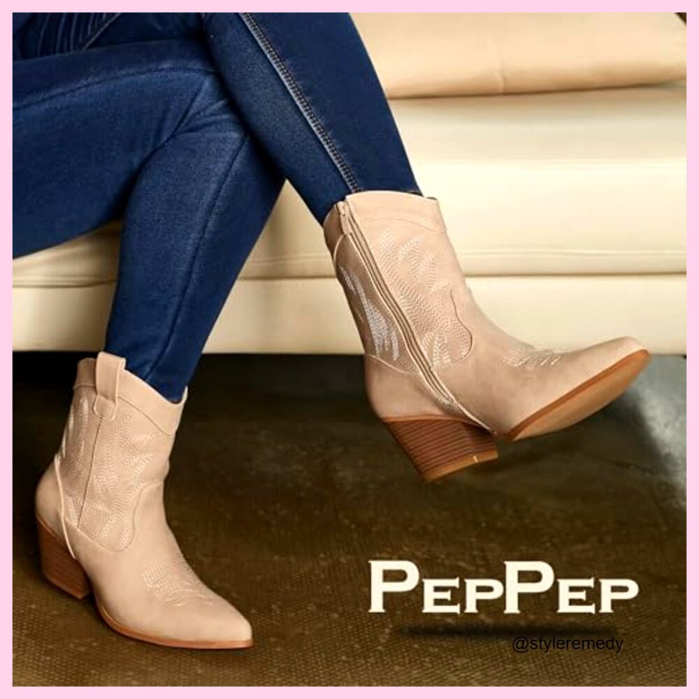 Vegan Leather Ankle Boots with Embroidery, Low Heel, Pointed Toe - Picture 7 of 7